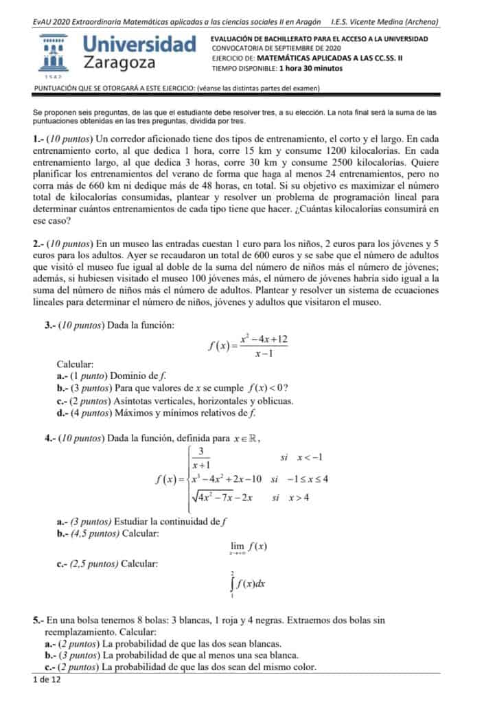 EvAU Matemáticas Aragón Exámenes y Soluciones 2024