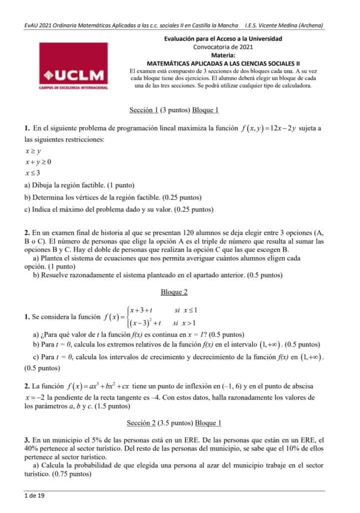 EvAU Matemáticas Castilla La Mancha Exámenes y Soluciones