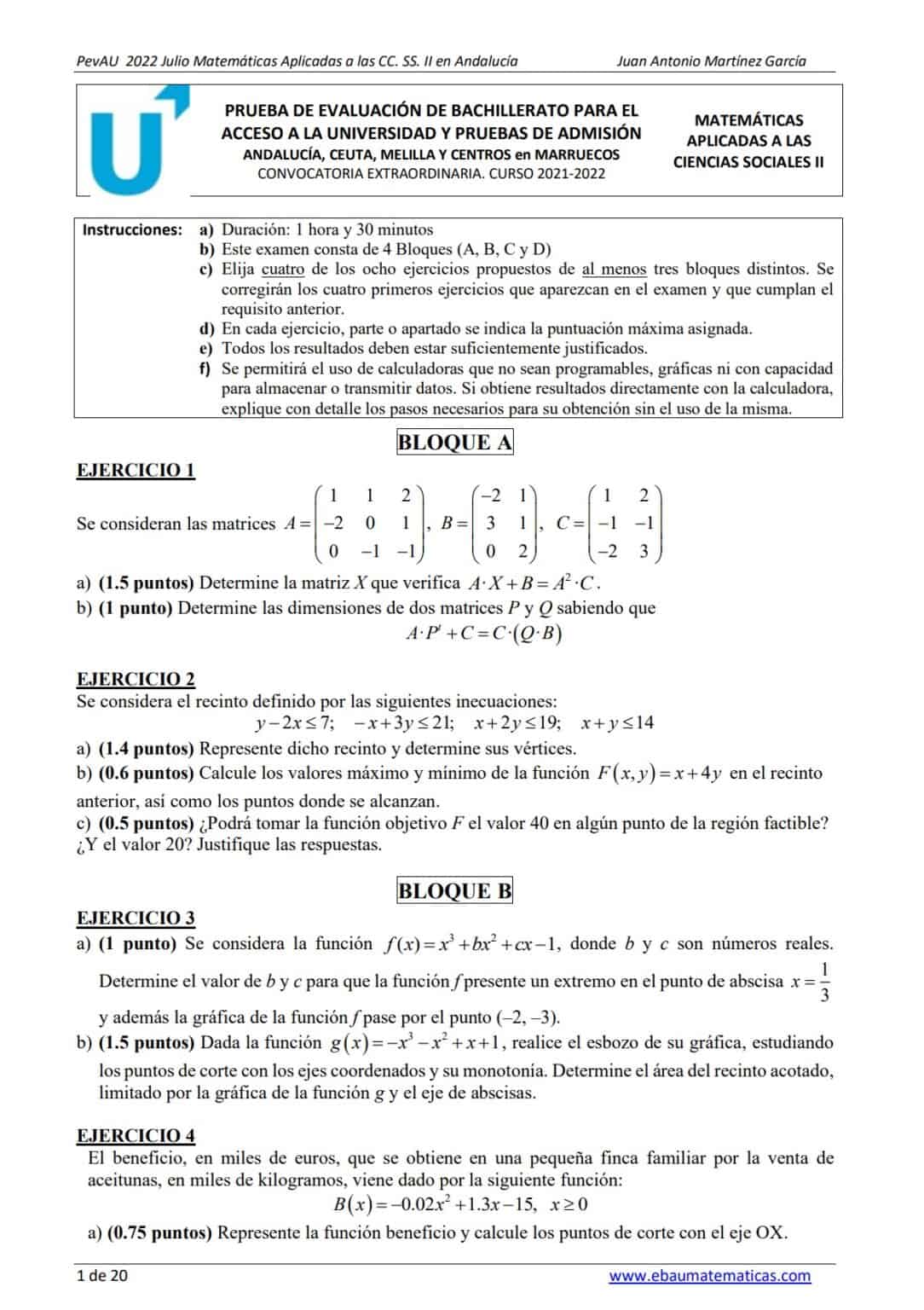 PevAU Matemáticas Andalucía Exámenes y Soluciones 2024