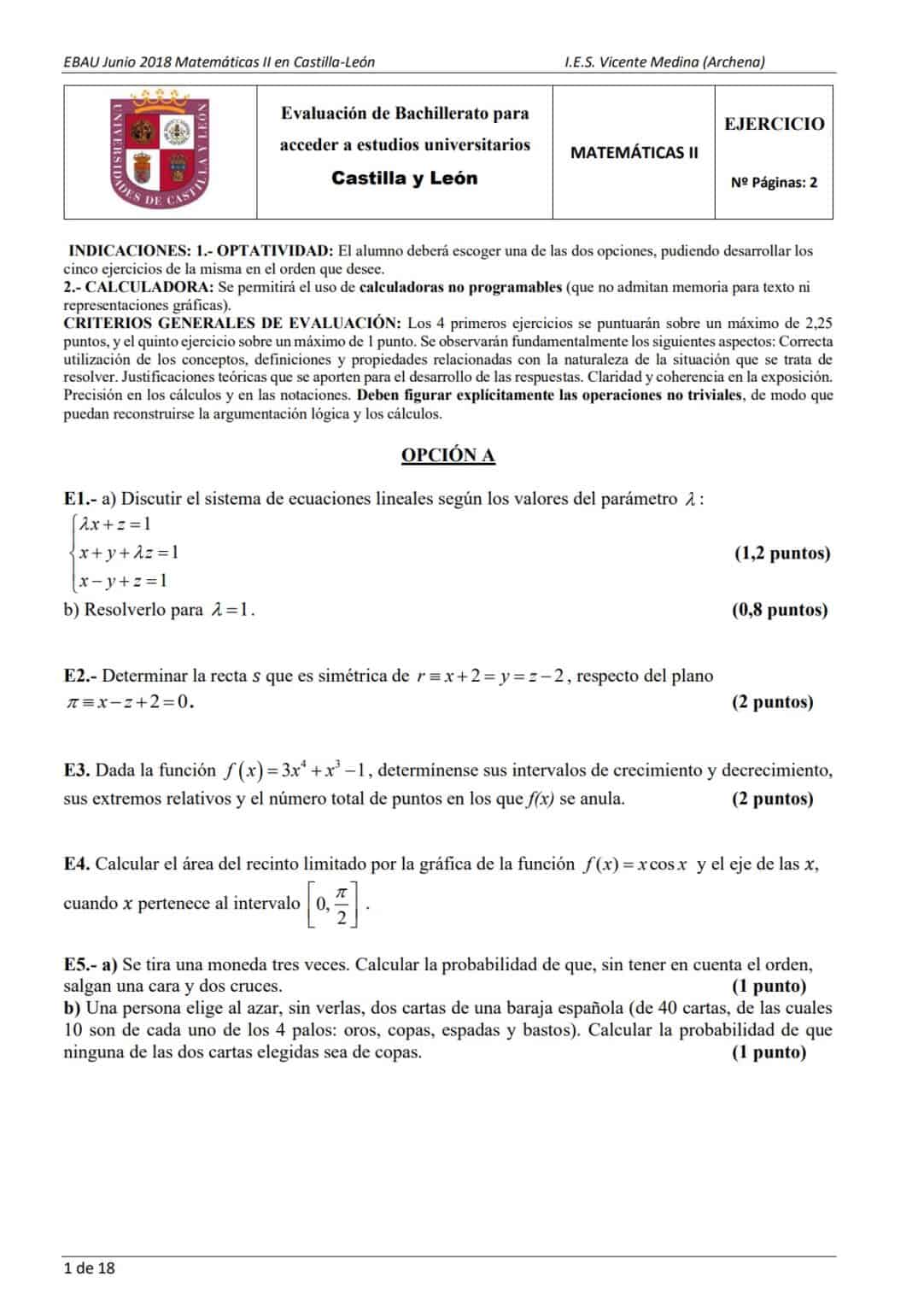 EBAU Matemáticas Castilla y León Exámenes y Soluciones