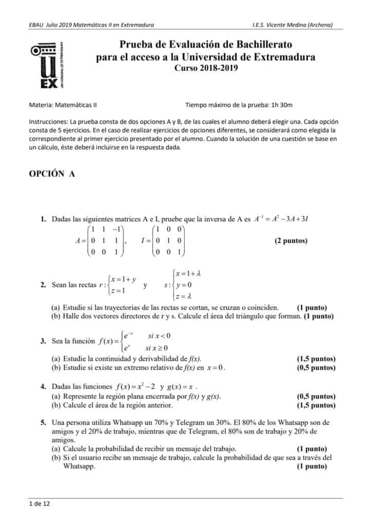 EBAU Matemáticas Extremadura Exámenes y Soluciones 2024