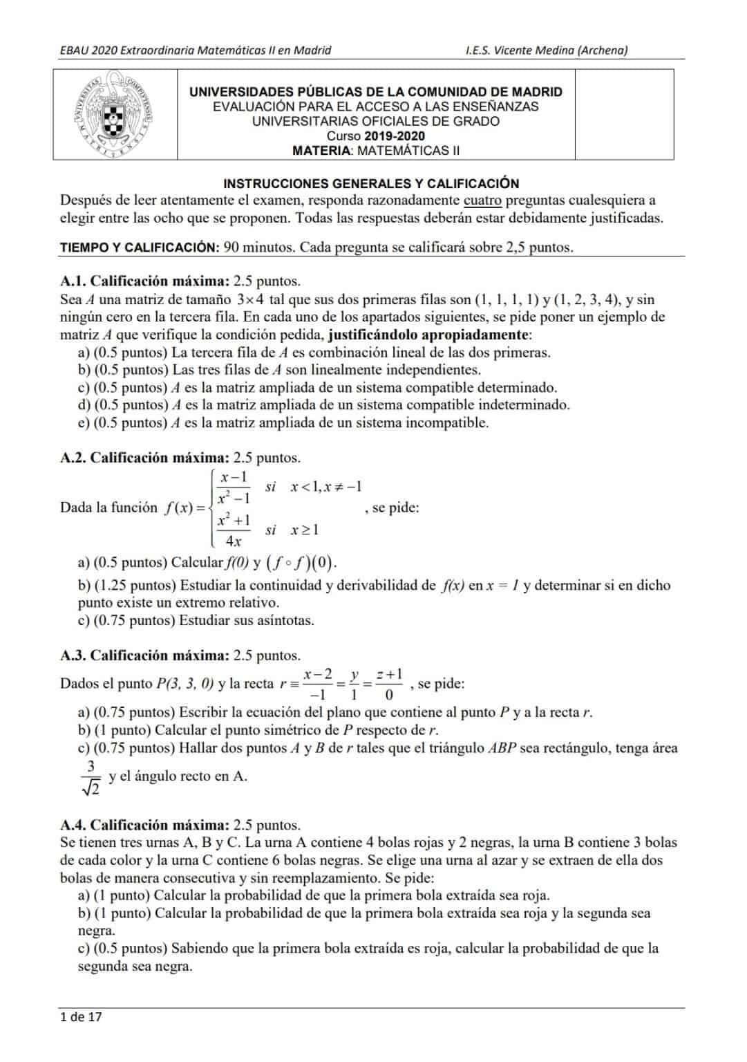 EVAU Matemáticas Madrid Exámenes y Soluciones 2024