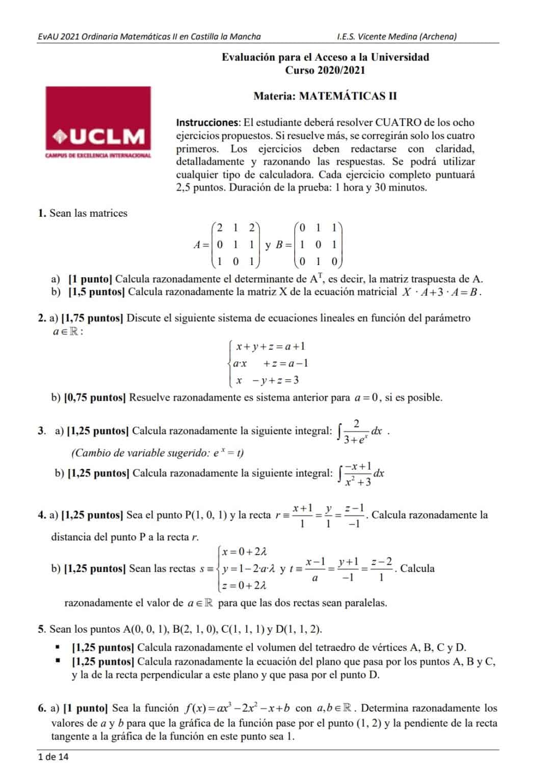 EvAU Matemáticas Castilla La Mancha Exámenes y Soluciones