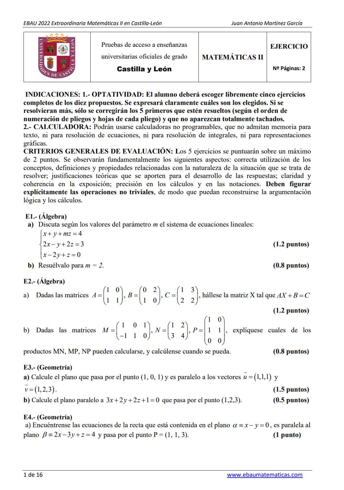 EBAU Matemáticas Castilla y León Exámenes y Soluciones