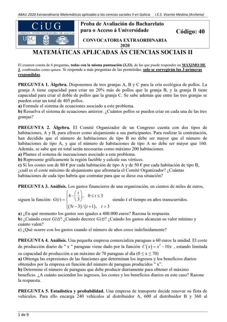 ABAU Matemáticas Galicia Exámenes y Soluciones 2024