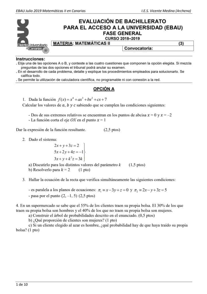 EBAU Matemáticas Canarias Exámenes y Soluciones 2024