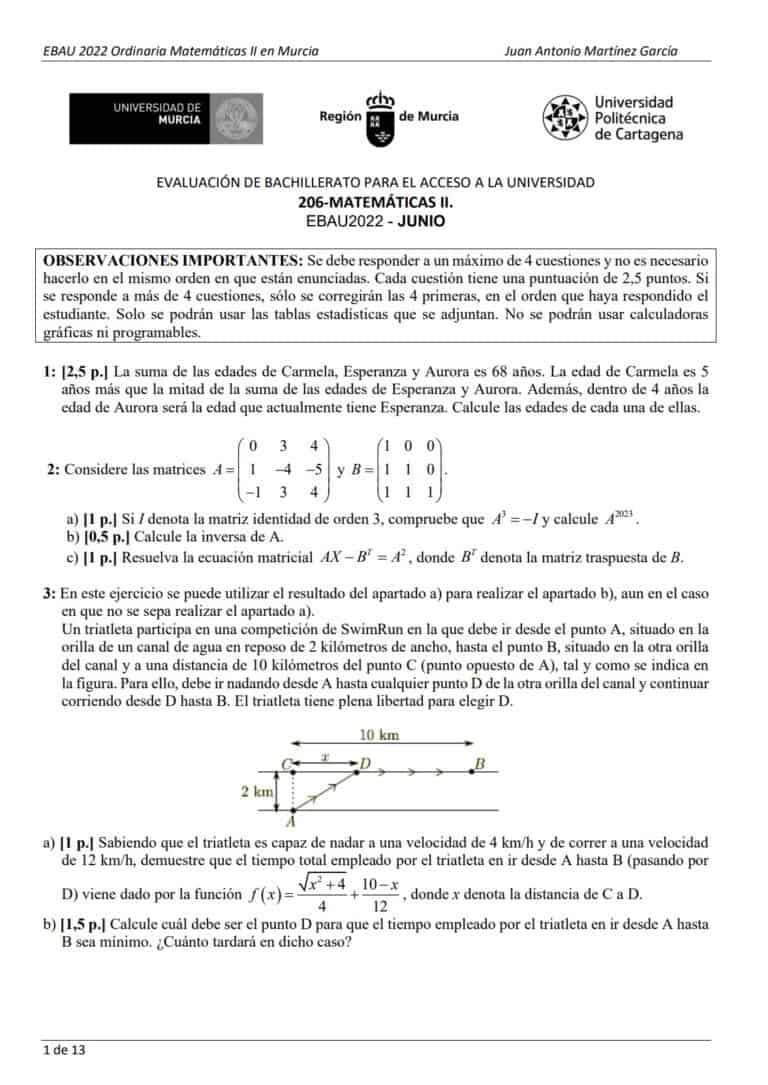 EBAU Matemáticas Murcia Exámenes y Soluciones 2024