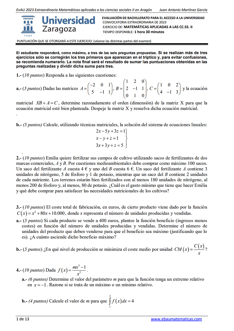 EvAU Matemáticas Aragón Exámenes y Soluciones 2024