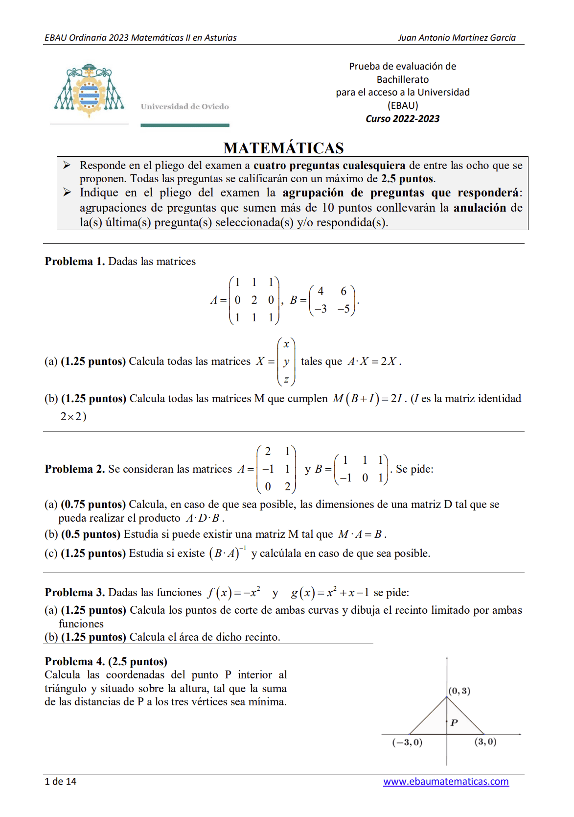 EBAU Matemáticas Asturias Exámenes y Soluciones 2024