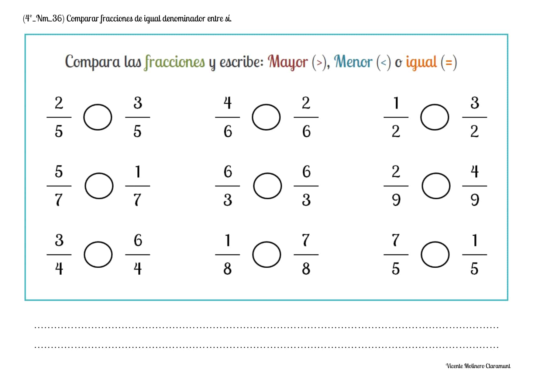 🔢 Comparar Fracciones De Igual Denominador 🔢 Pdf 