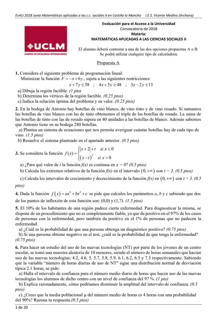 📚 EvAU Matemáticas Castilla-La Mancha 📚 Exámenes Y Soluciones