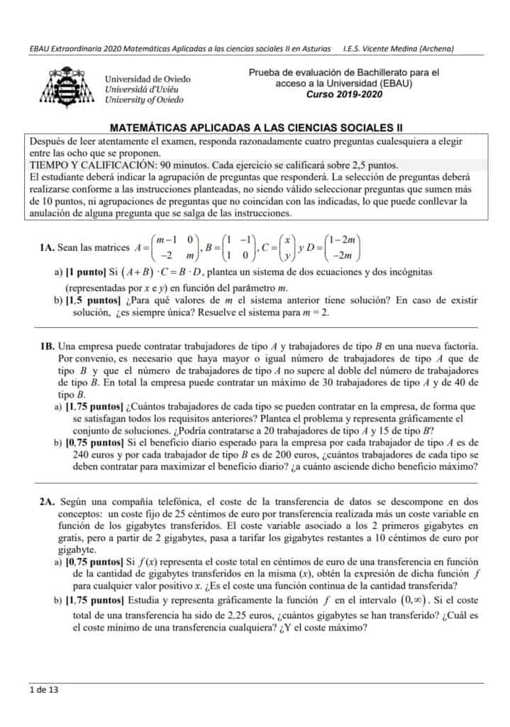 📚 EBAU Matemáticas Asturias 📚 Exámenes Y Soluciones 2024