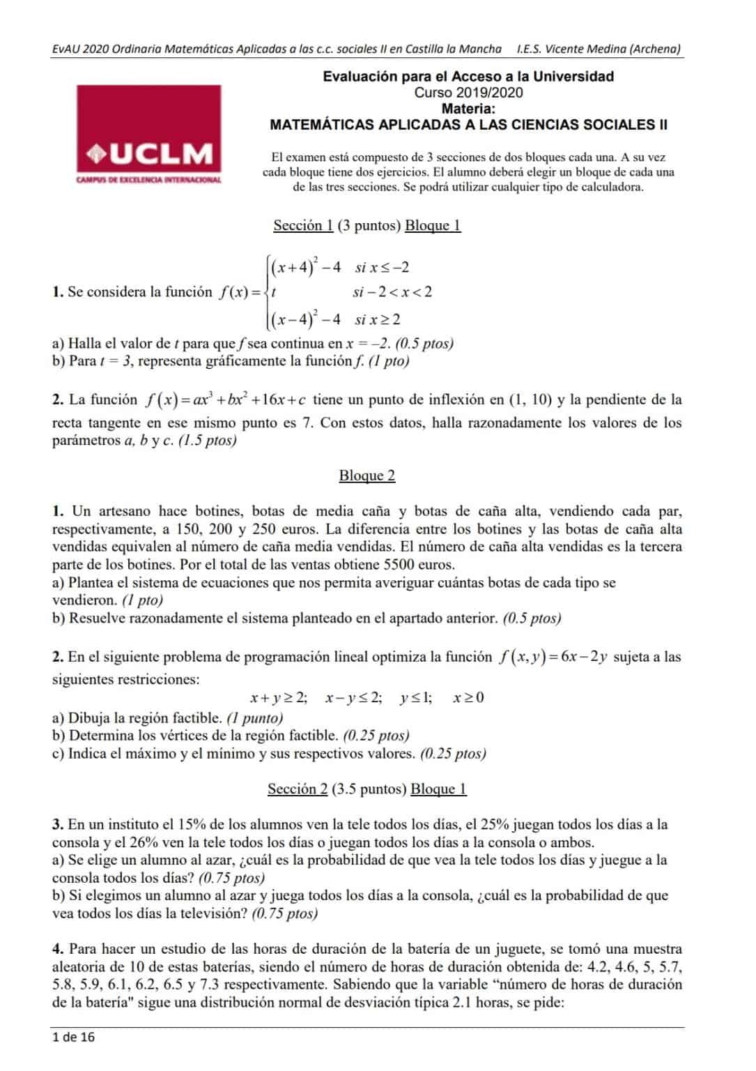 📚 EvAU Matemáticas Castilla-La Mancha 📚 Exámenes Y Soluciones