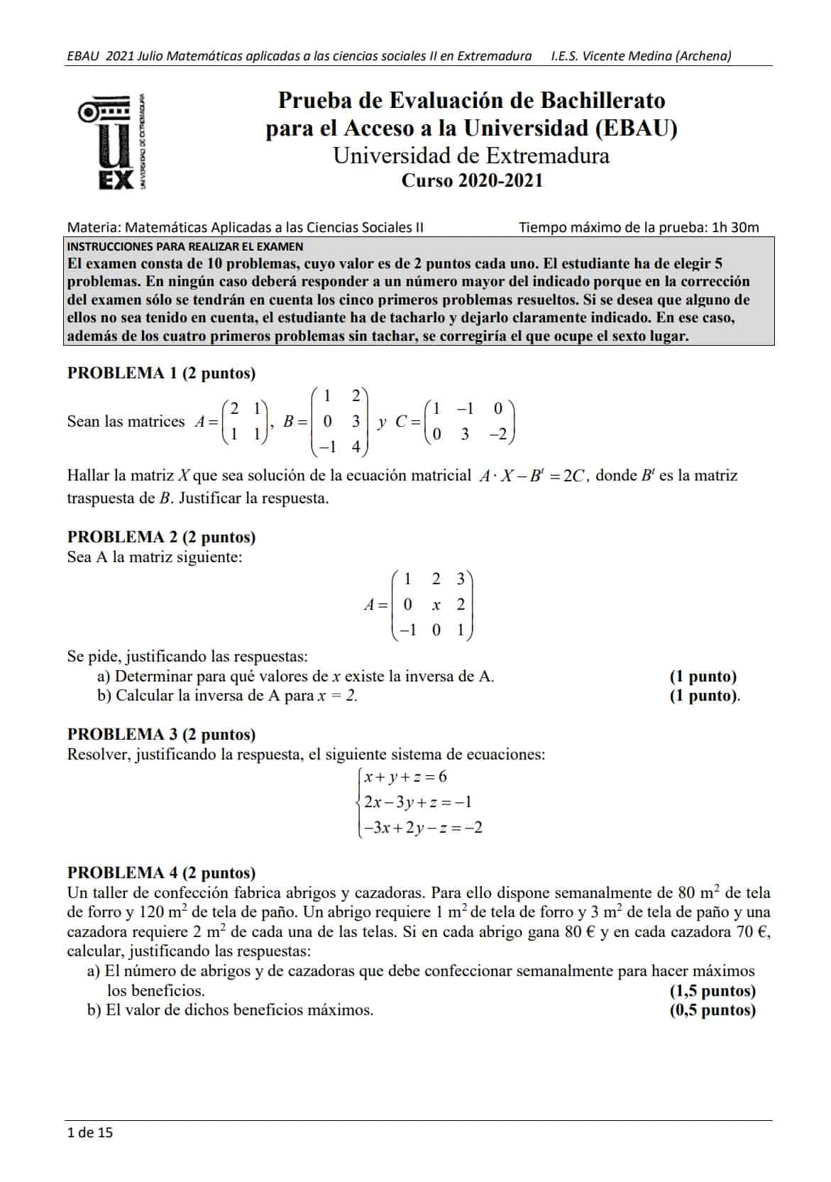 📚 EBAU Matemáticas Extremadura 📚 Exámenes Y Soluciones 2024