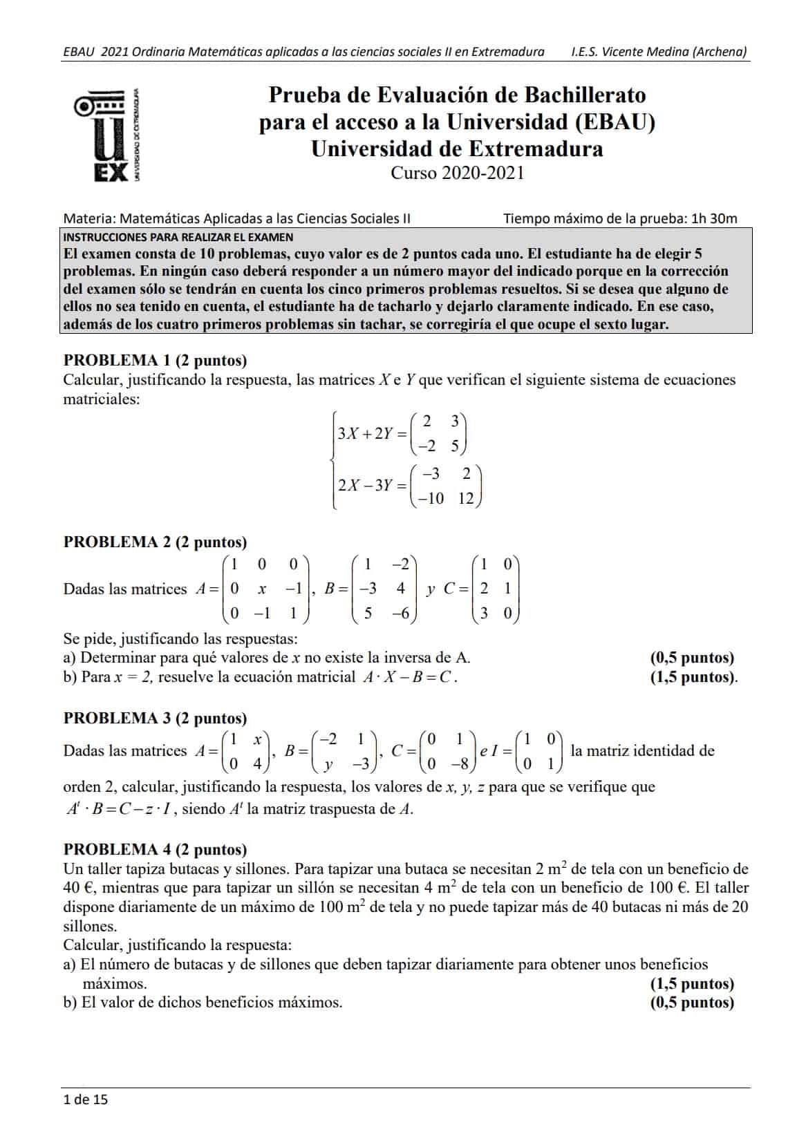 📚 EBAU Matemáticas Extremadura 📚 Exámenes Y Soluciones 2024