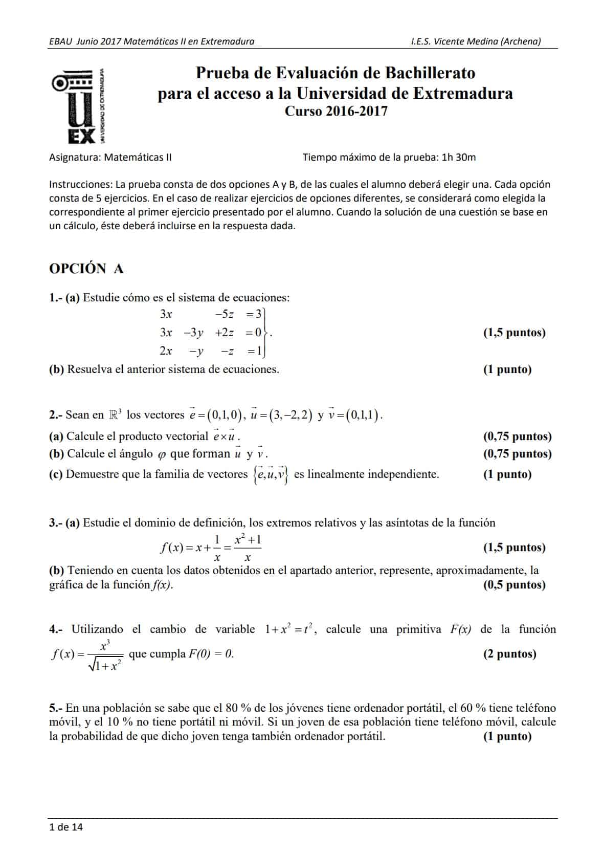 📚 EBAU Matemáticas Extremadura 📚 Exámenes Y Soluciones 2024