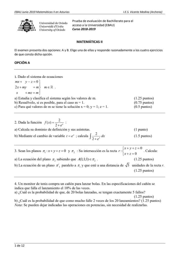 📚 EBAU Matemáticas Asturias 📚 Exámenes Y Soluciones 2024