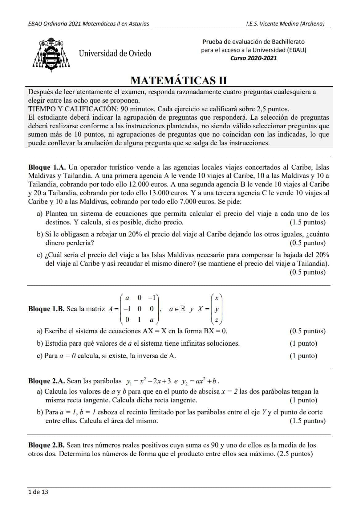 📚 EBAU Matemáticas Asturias 📚 Exámenes Y Soluciones 2024