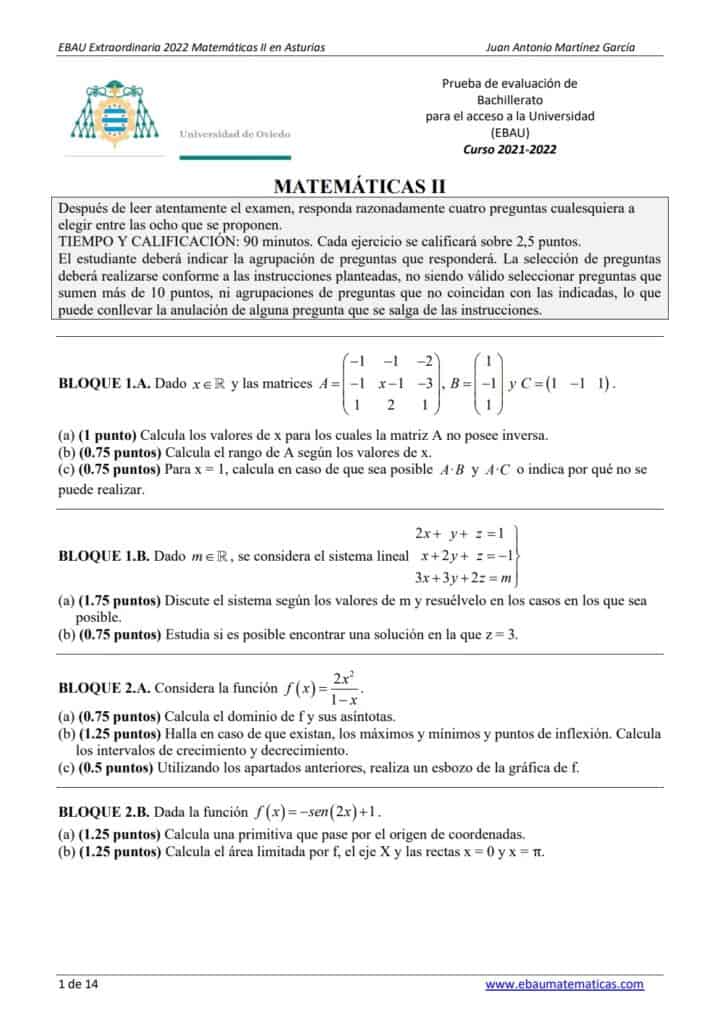 📚 EBAU Matemáticas Asturias 📚 Exámenes Y Soluciones 2024