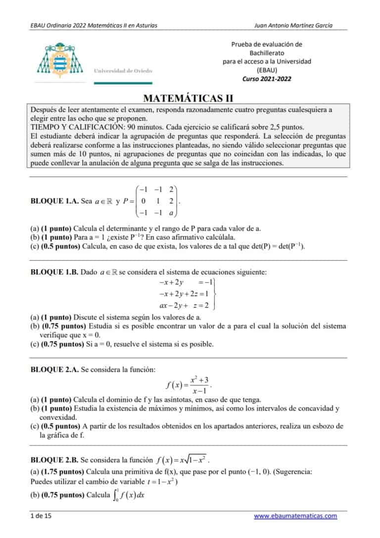 📚 EBAU Matemáticas Asturias 📚 Exámenes Y Soluciones 2024