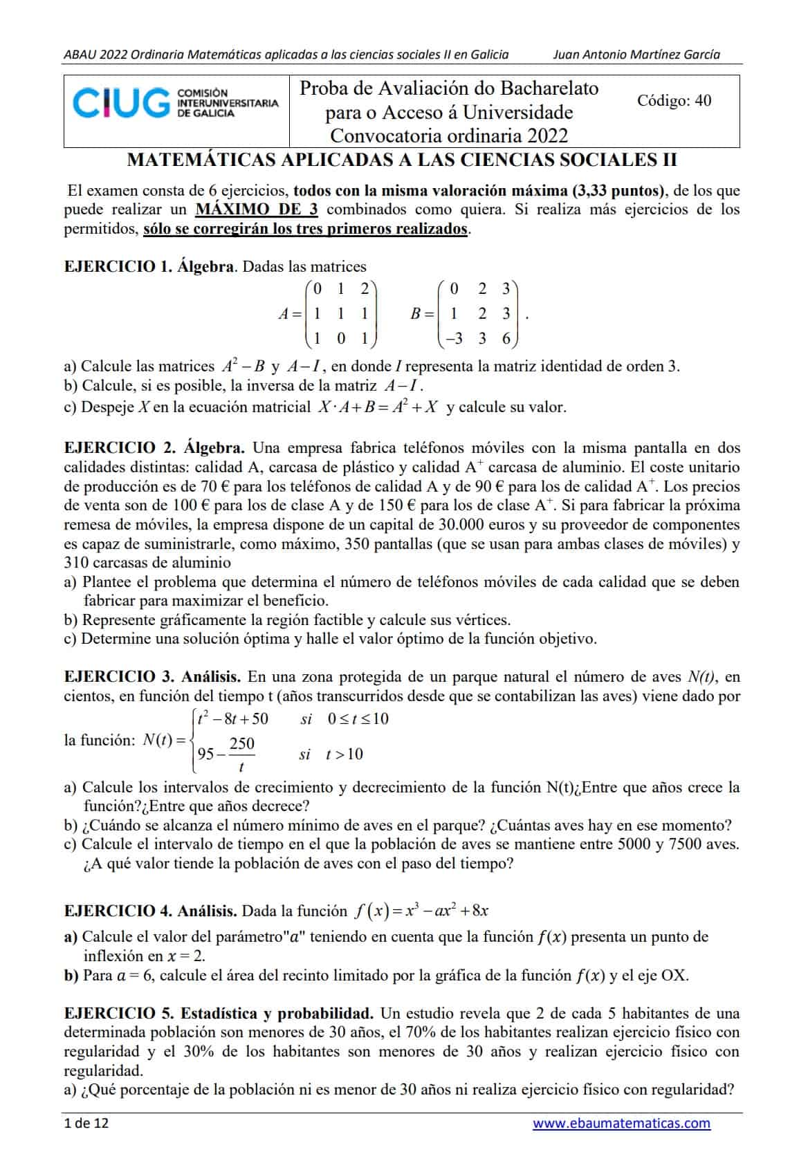 📚 ABAU Matemáticas Galicia 📚 Exámenes Y Soluciones 2024