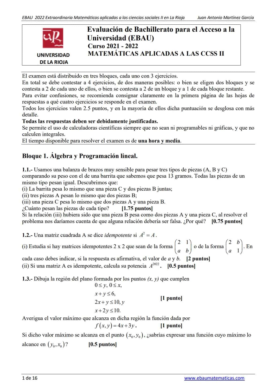 📚 EBAU Matemáticas La Rioja 📚 Exámenes Y Soluciones 2024