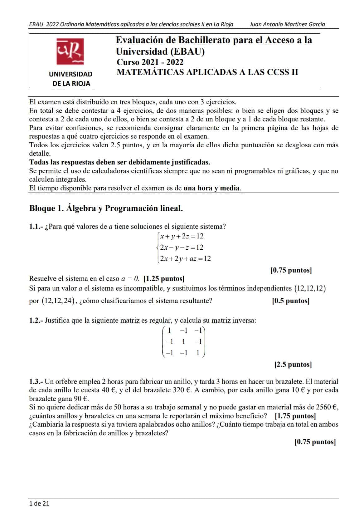 📚 EBAU Matemáticas La Rioja 📚 Exámenes Y Soluciones 2024