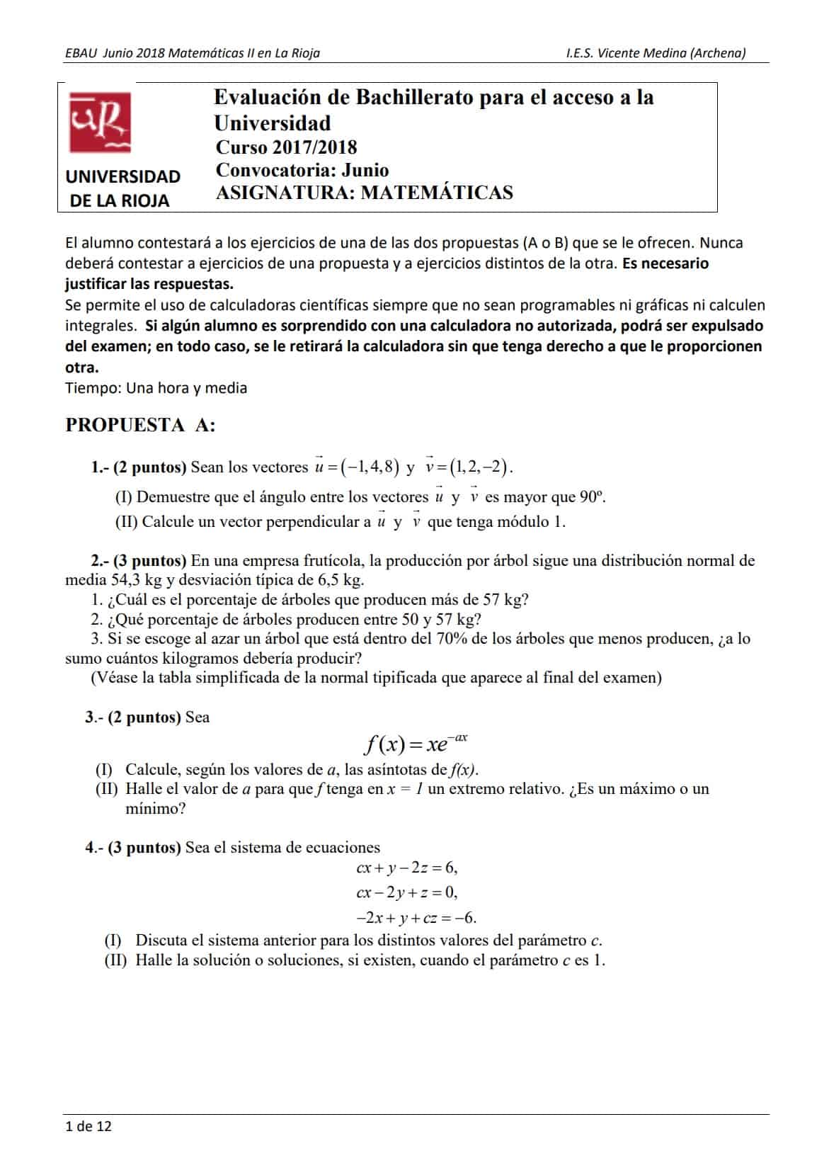 📚 EBAU Matemáticas La Rioja 📚 Exámenes Y Soluciones 2024