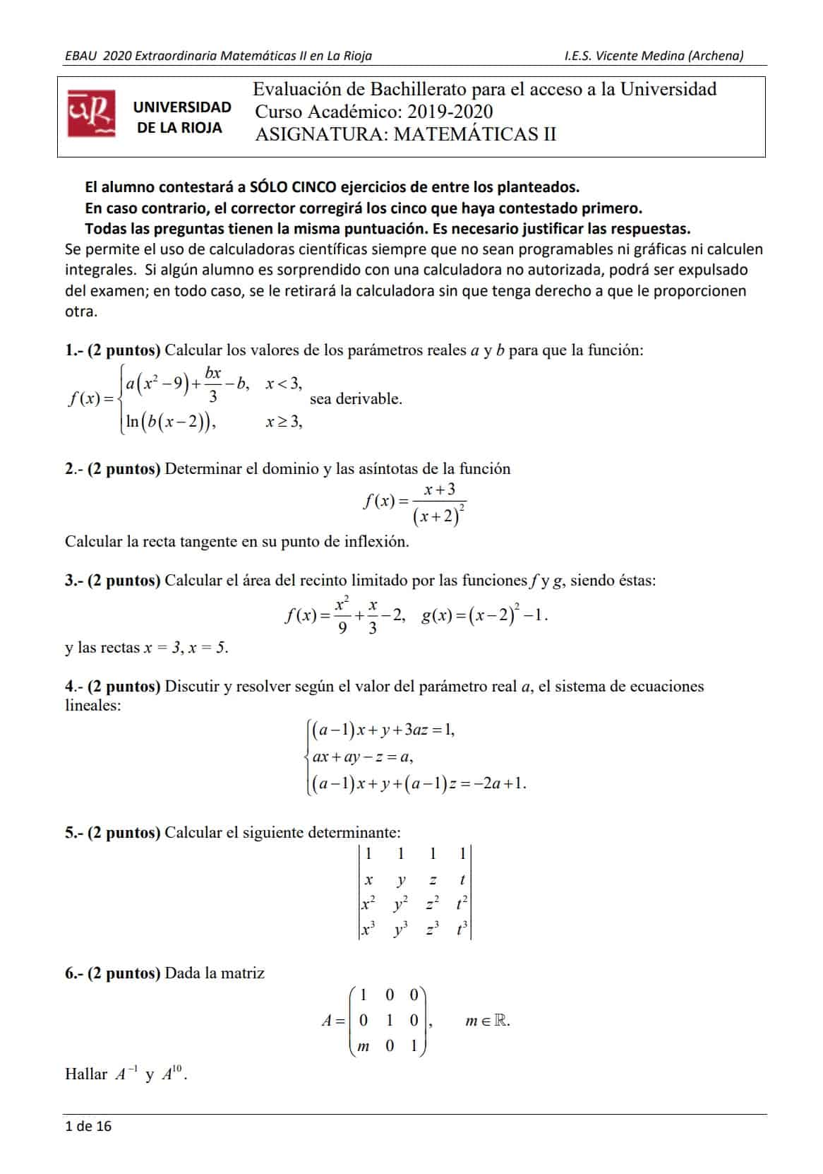 📚 EBAU Matemáticas La Rioja 📚 Exámenes Y Soluciones 2024