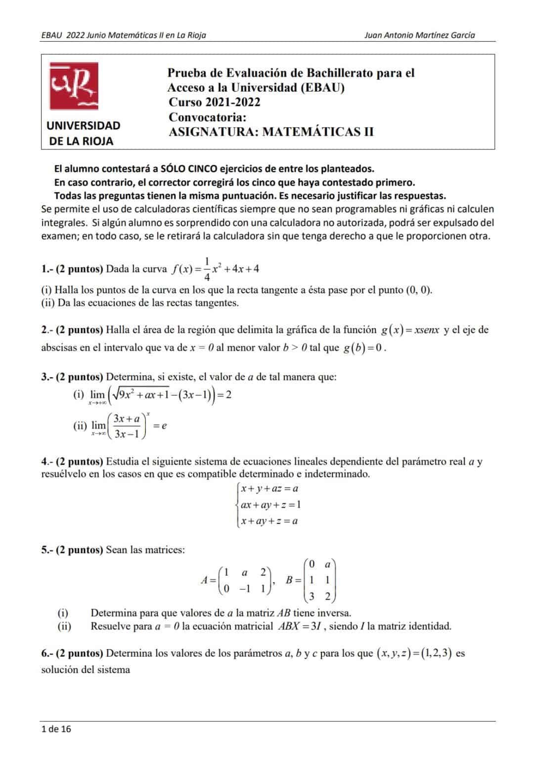 📚 EBAU Matemáticas La Rioja 📚 Exámenes Y Soluciones 2024