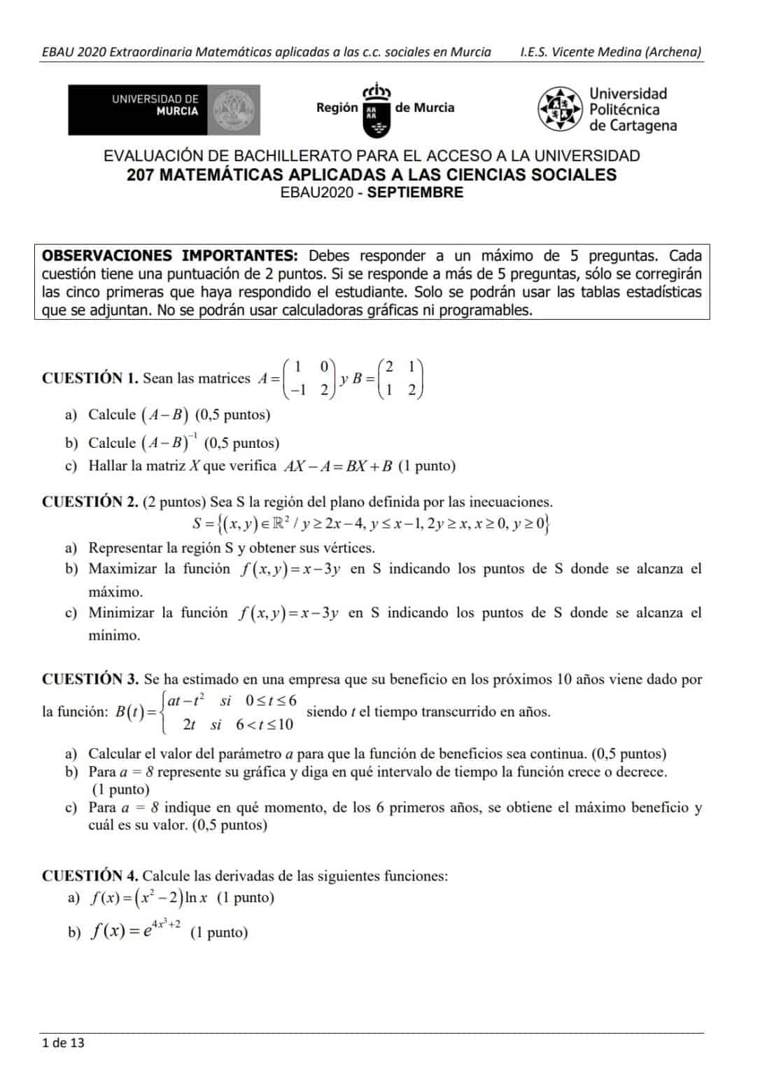 📚 EBAU Matemáticas Murcia 📚 Exámenes Y Soluciones 2024