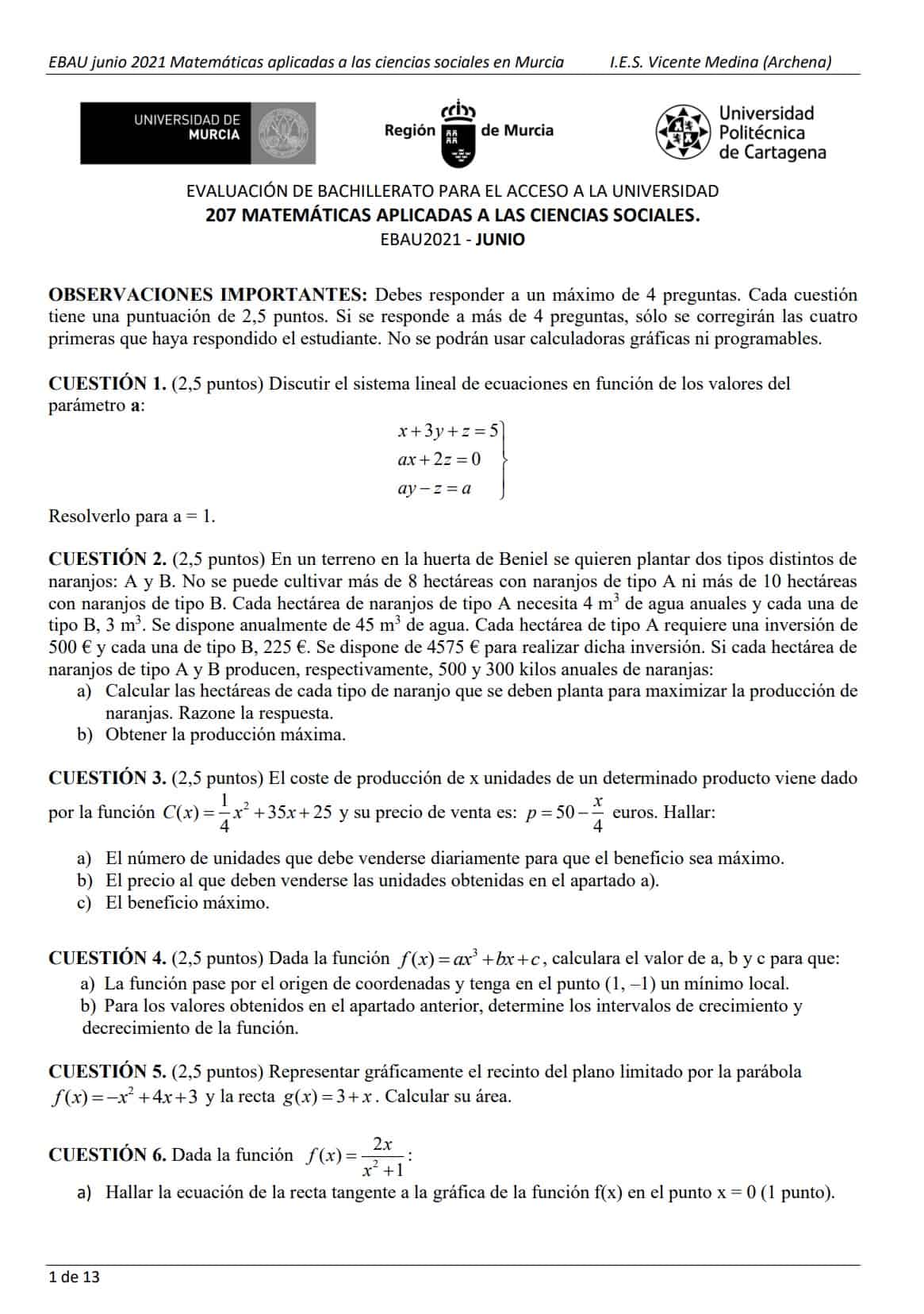 📚 EBAU Matemáticas Murcia 📚 Exámenes Y Soluciones 2024