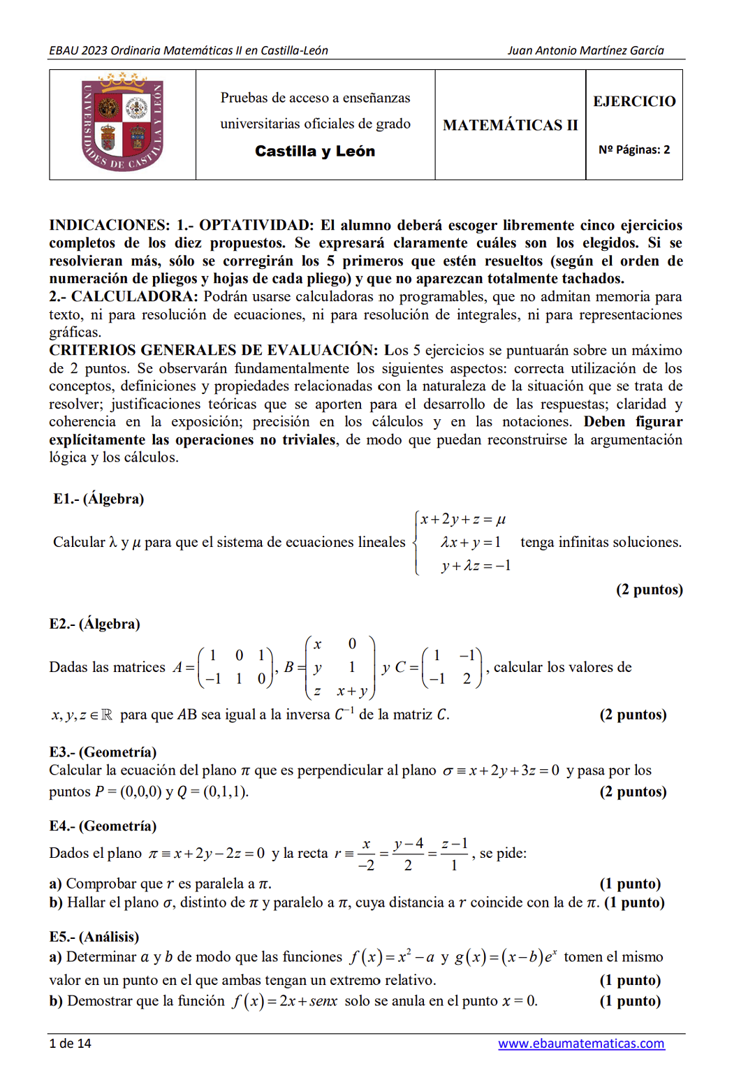 📚 EBAU Matemáticas Castilla Y León 📚 Exámenes Y Soluciones