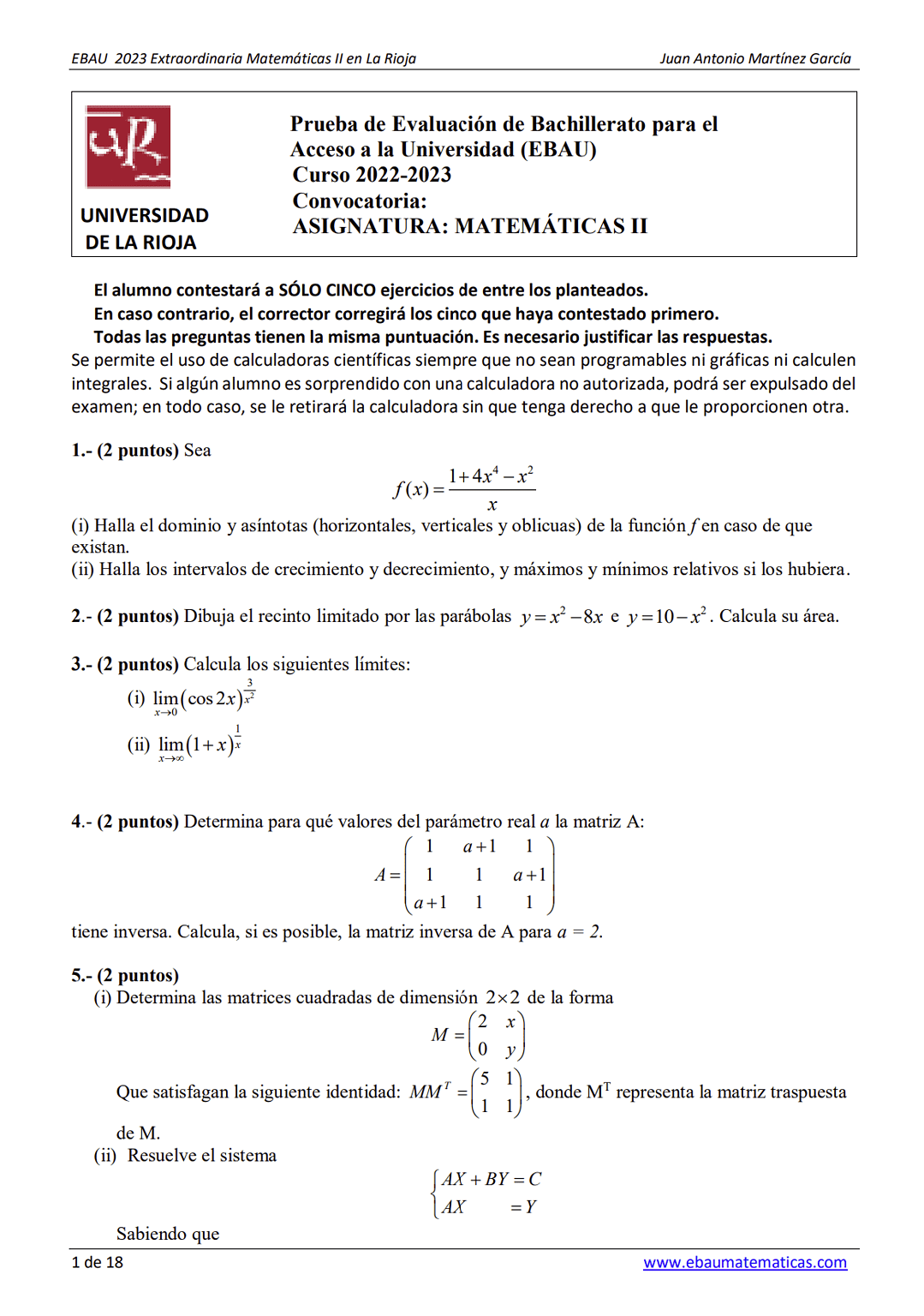 📚 EBAU Matemáticas La Rioja 📚 Exámenes Y Soluciones 2024